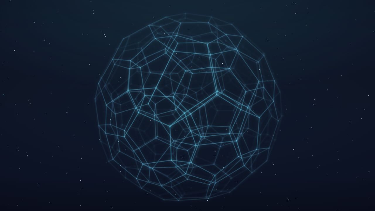 The actual 120-cell WebGL scene: glowing polygonal edges and nodes over the cosmos.