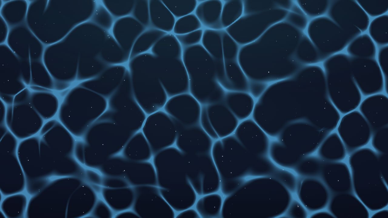 The actual caustics WebGL scene: branching blue refracted light over the cosmos.